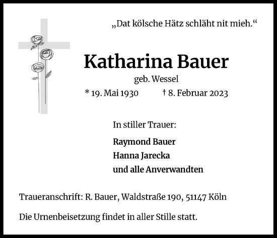 Anzeige von Katharina Bauer von Kölner Stadt-Anzeiger / Kölnische Rundschau / Express