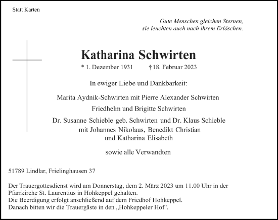 Anzeige von Katharina Schwirten von Kölner Stadt-Anzeiger / Kölnische Rundschau / Express