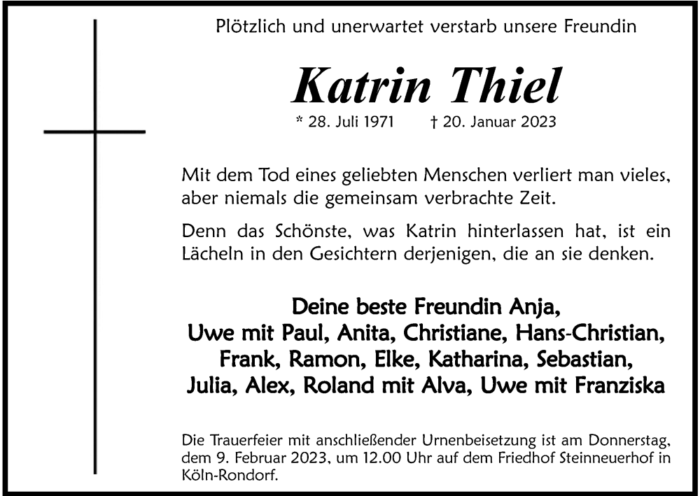 Traueranzeige für Katrin Thiel vom 04.02.2023 aus Kölner Stadt-Anzeiger / Kölnische Rundschau / Express