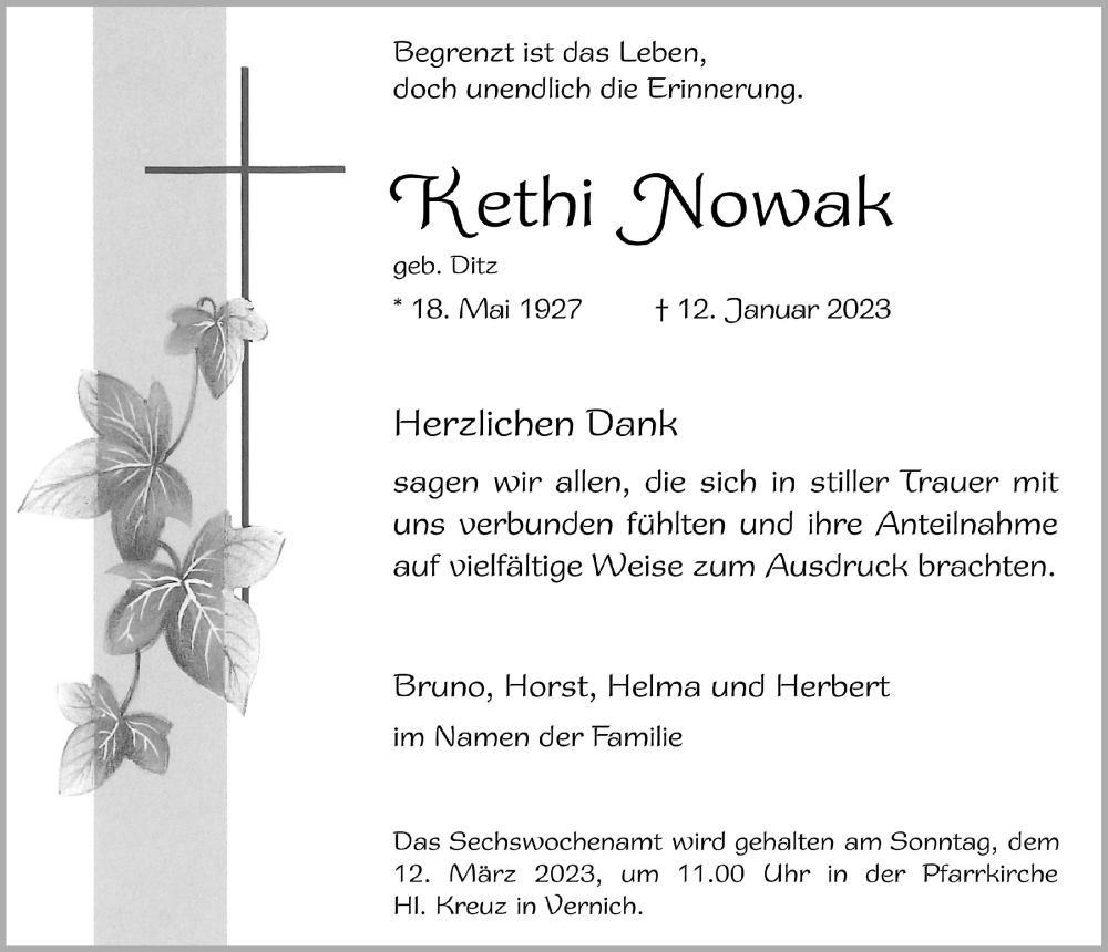 Traueranzeige für Kethi Nowak vom 25.02.2023 aus  Blickpunkt Euskirchen 