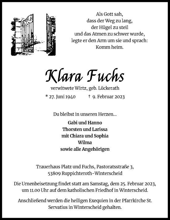 Anzeige von Klara Fuchs von Kölner Stadt-Anzeiger / Kölnische Rundschau / Express