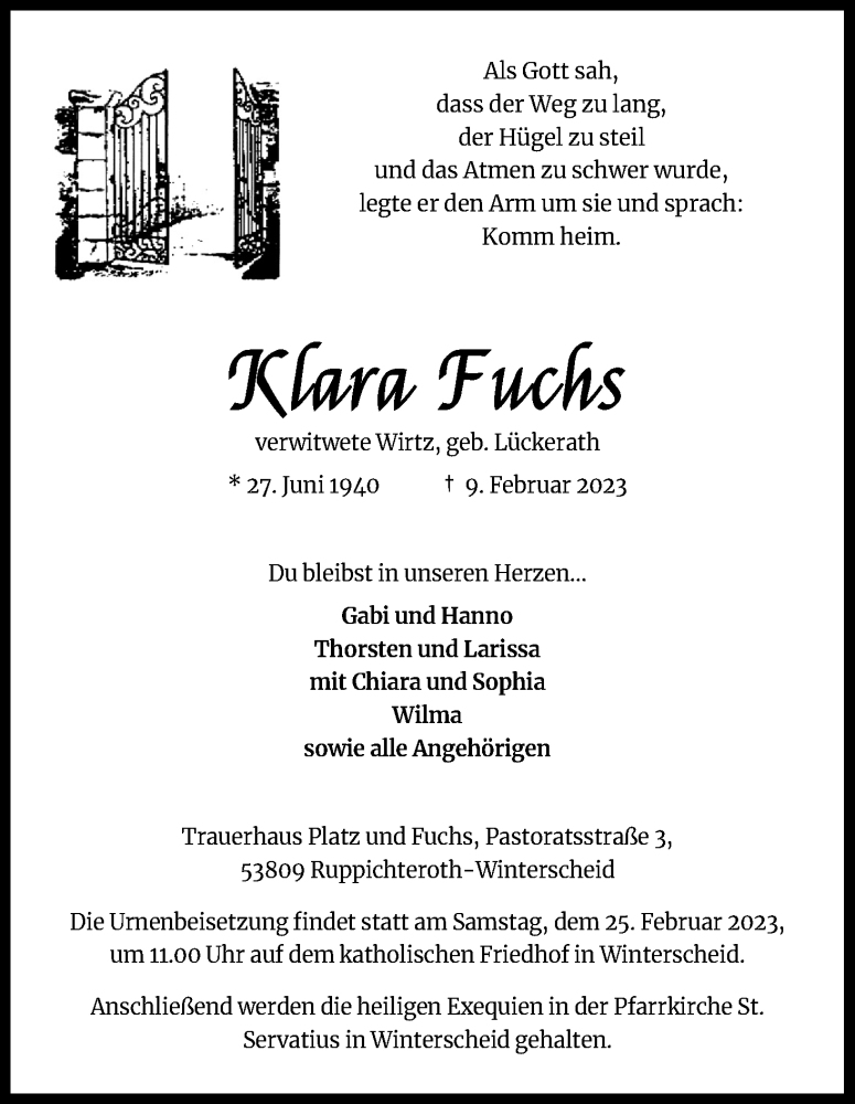  Traueranzeige für Klara Fuchs vom 18.02.2023 aus Kölner Stadt-Anzeiger / Kölnische Rundschau / Express