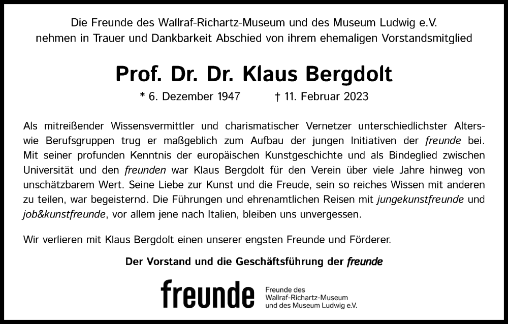  Traueranzeige für Klaus Bergdolt vom 18.02.2023 aus Kölner Stadt-Anzeiger / Kölnische Rundschau / Express