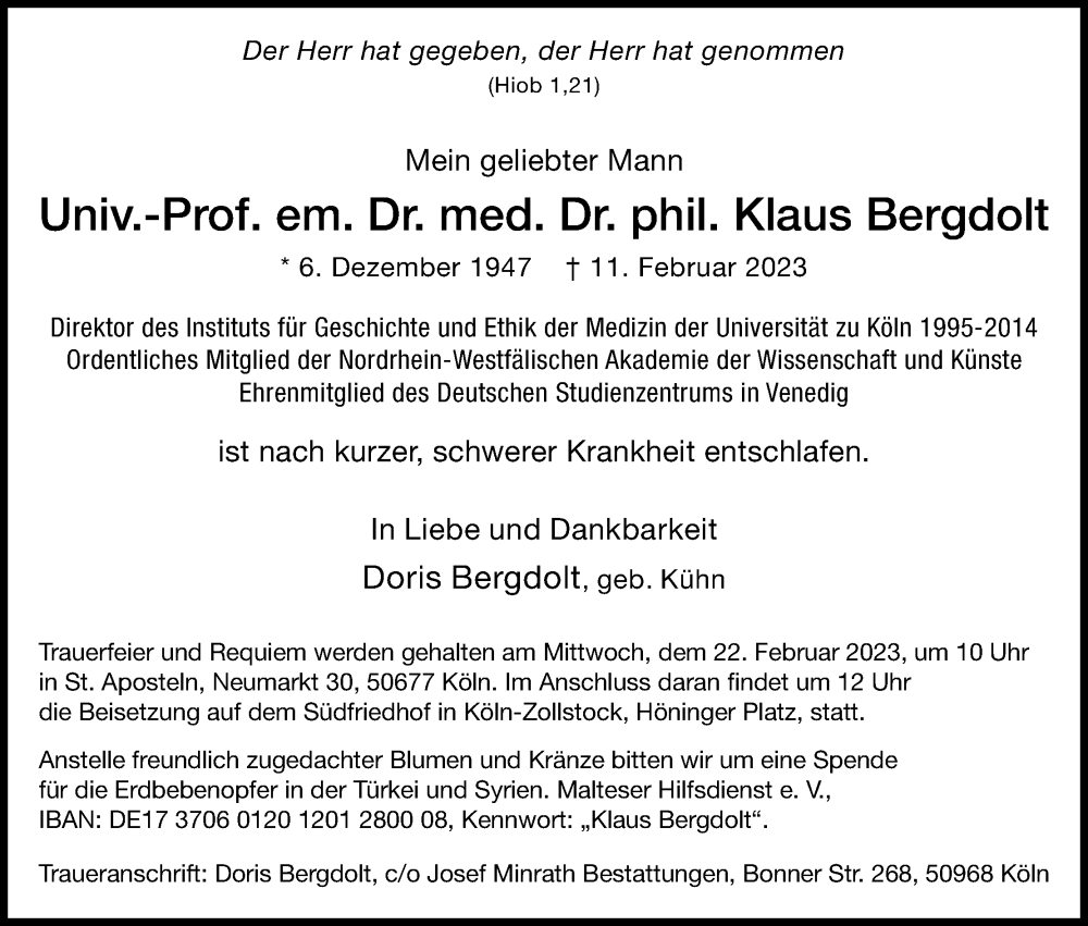  Traueranzeige für Klaus Bergdolt vom 15.02.2023 aus Kölner Stadt-Anzeiger / Kölnische Rundschau / Express