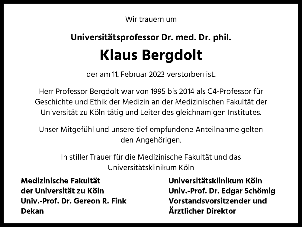 Traueranzeige für Klaus Bergdolt vom 25.02.2023 aus Kölner Stadt-Anzeiger / Kölnische Rundschau / Express