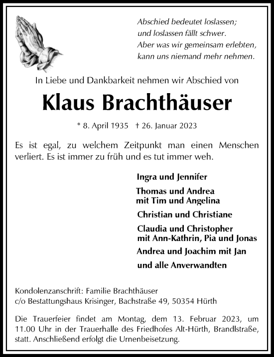 Anzeige von Klaus Brachthäuser von  Wochenende 