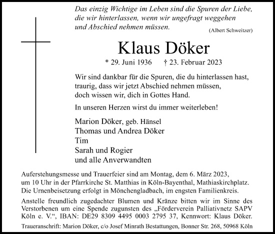 Anzeige von Klaus Döker von Kölner Stadt-Anzeiger / Kölnische Rundschau / Express