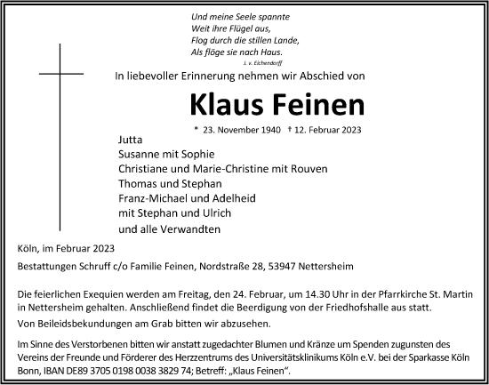 Anzeige von Klaus Feinen von  Blickpunkt Euskirchen 