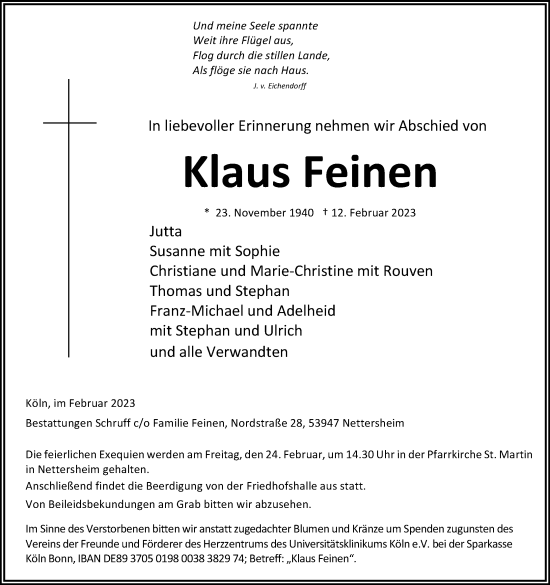 Anzeige von Klaus Feinen von Kölner Stadt-Anzeiger / Kölnische Rundschau / Express