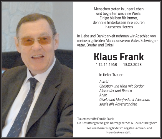 Anzeige von Klaus Frank von  Werbepost 