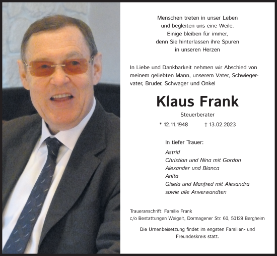 Anzeige von Klaus Frank von Kölner Stadt-Anzeiger / Kölnische Rundschau / Express