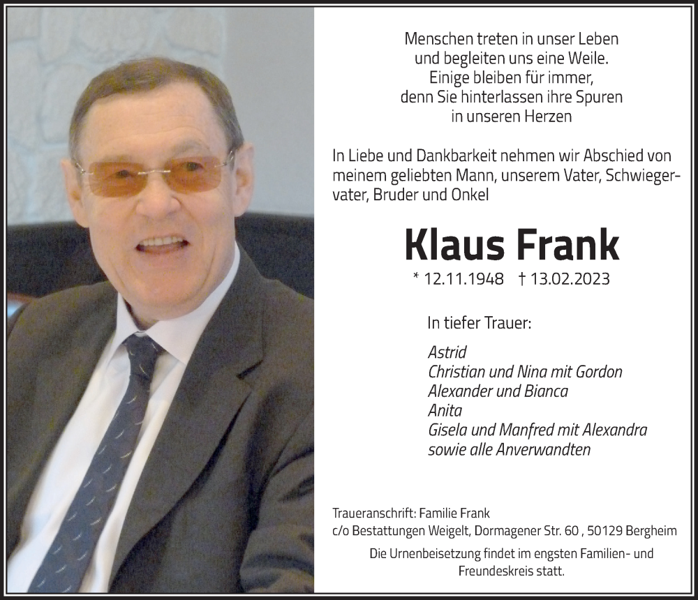  Traueranzeige für Klaus Frank vom 24.02.2023 aus  Werbepost 