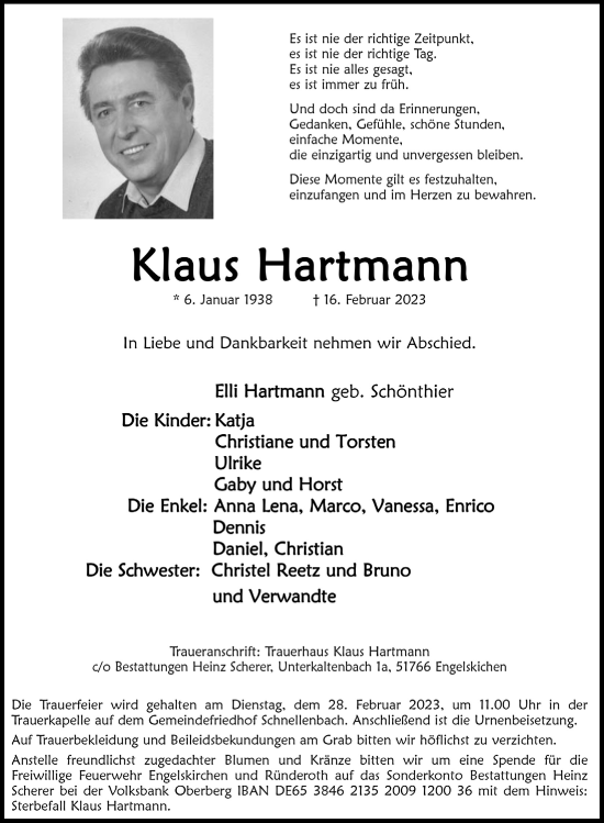 Anzeige von Klaus Hartmann von  Anzeigen Echo 