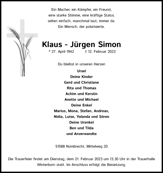 Anzeige von Klaus-Jürgen Simon von Kölner Stadt-Anzeiger / Kölnische Rundschau / Express
