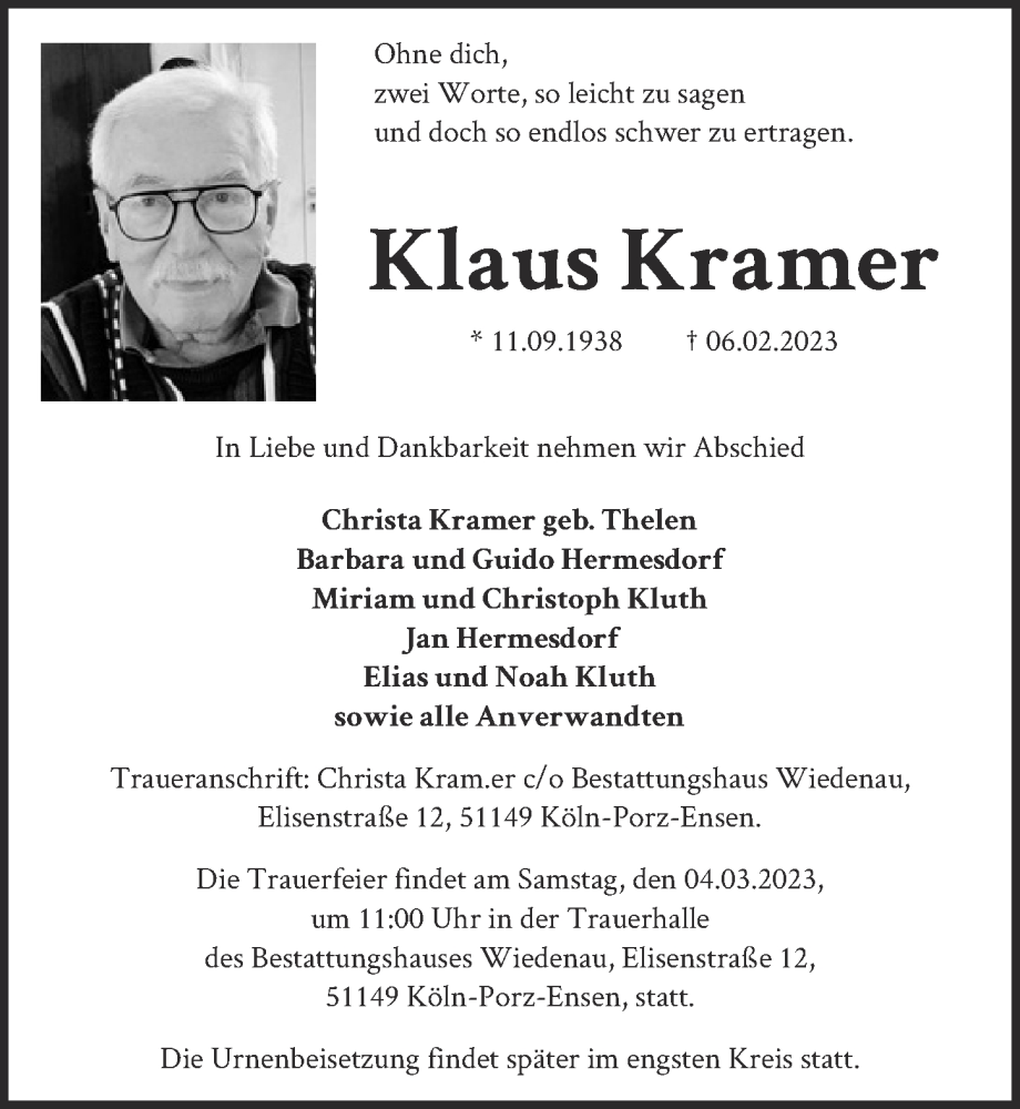  Traueranzeige für Klaus Kramer vom 17.02.2023 aus  EXPRESS - Die Woche 