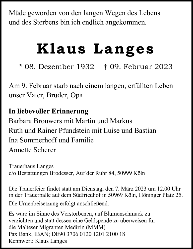 Traueranzeige für Klaus Langes vom 25.02.2023 aus Kölner Stadt-Anzeiger / Kölnische Rundschau / Express