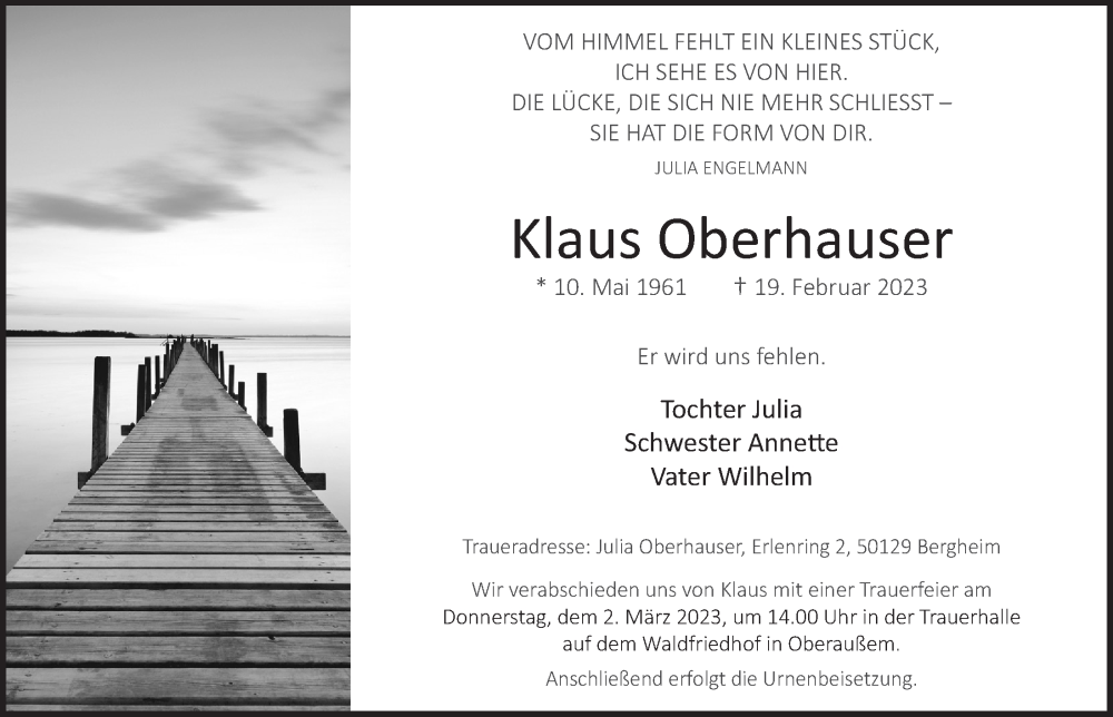  Traueranzeige für Klaus Oberhauser vom 24.02.2023 aus  Werbepost 