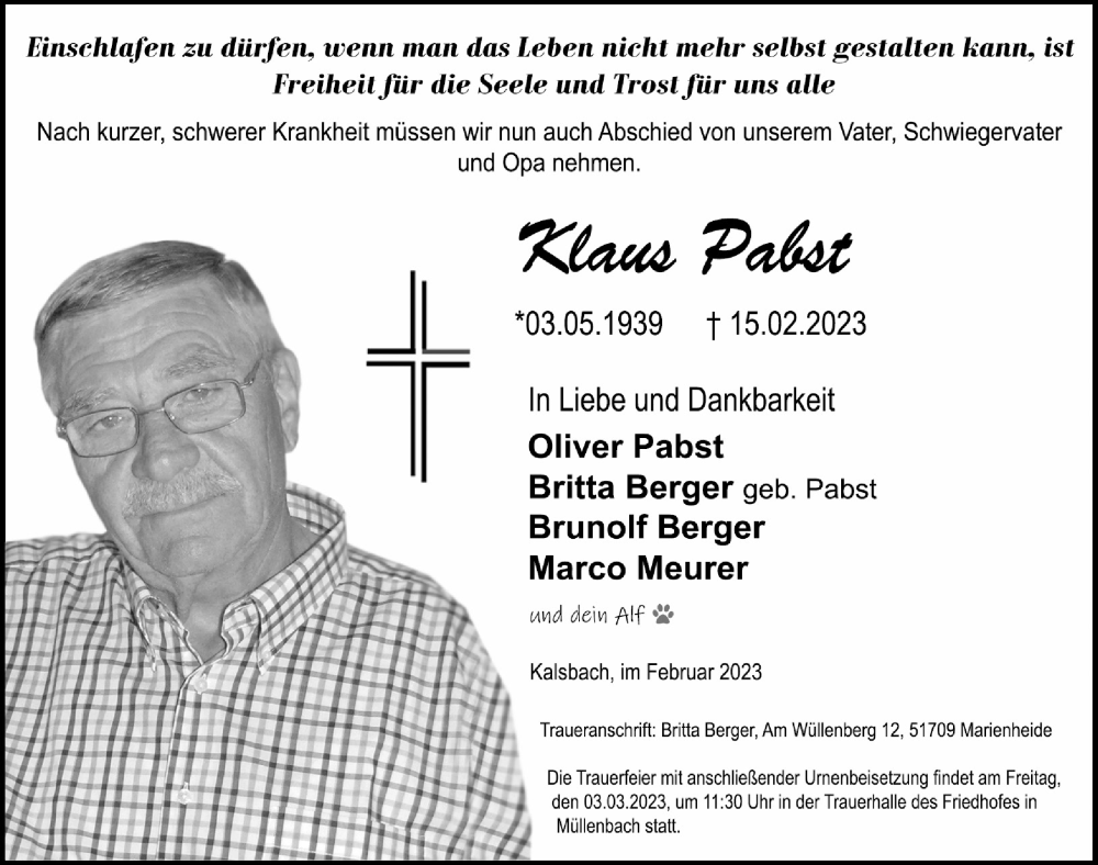  Traueranzeige für Klaus Pabst vom 24.02.2023 aus  Anzeigen Echo 