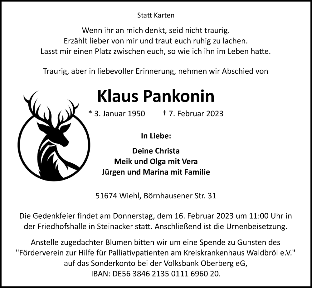  Traueranzeige für Klaus Pankonin vom 11.02.2023 aus Kölner Stadt-Anzeiger / Kölnische Rundschau / Express