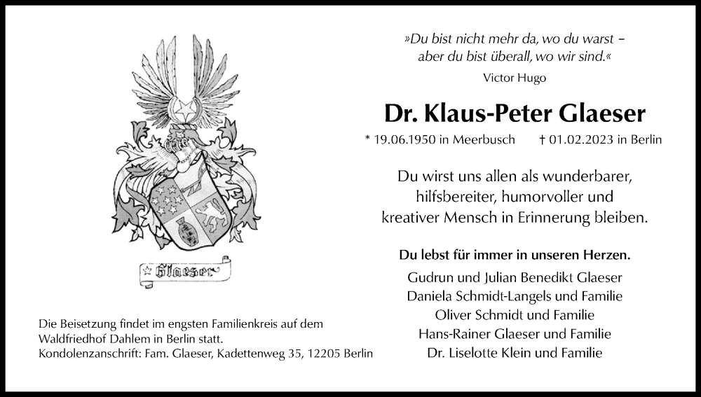  Traueranzeige für Klaus-Peter Glaeser vom 11.02.2023 aus Kölner Stadt-Anzeiger / Kölnische Rundschau / Express