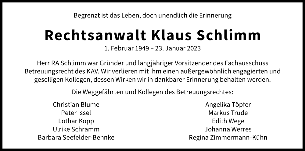  Traueranzeige für Klaus Schlimm vom 04.02.2023 aus Kölner Stadt-Anzeiger / Kölnische Rundschau / Express