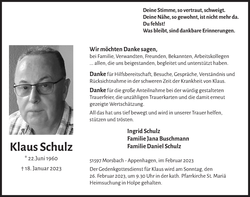  Traueranzeige für Klaus Schulz vom 17.02.2023 aus  Lokalanzeiger 