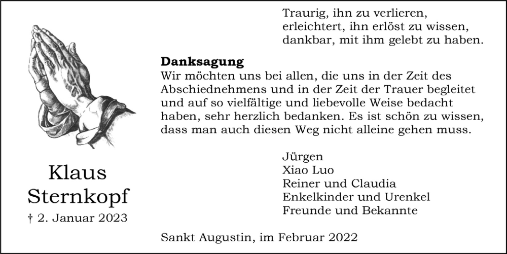  Traueranzeige für Klaus Sternkopf vom 03.02.2023 aus  Extra Blatt 
