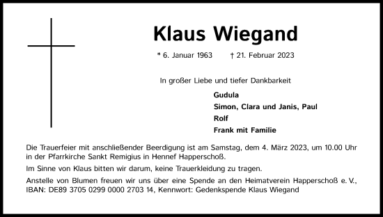 Anzeige von Klaus Wiegand von Kölner Stadt-Anzeiger / Kölnische Rundschau / Express