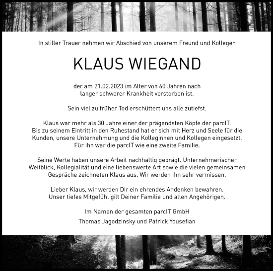 Anzeige von Klaus Wiegand von Kölner Stadt-Anzeiger / Kölnische Rundschau / Express