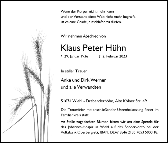 Anzeige von Klaus Peter Hühn von Kölner Stadt-Anzeiger / Kölnische Rundschau / Express