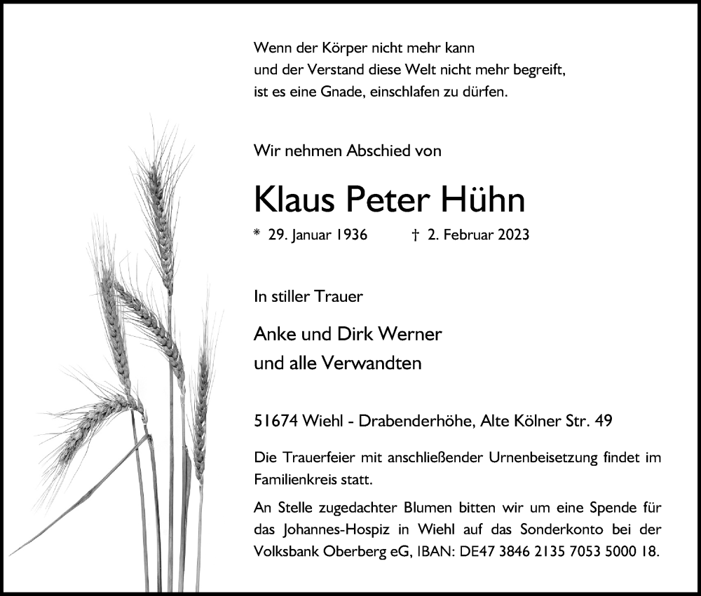  Traueranzeige für Klaus Peter Hühn vom 10.02.2023 aus Kölner Stadt-Anzeiger / Kölnische Rundschau / Express