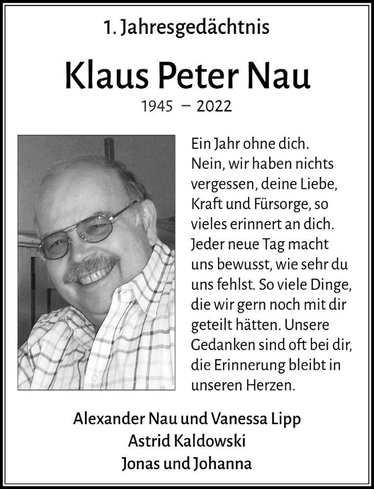 Traueranzeige für Klaus Peter Nau vom 03.02.2023 aus  Werbepost 