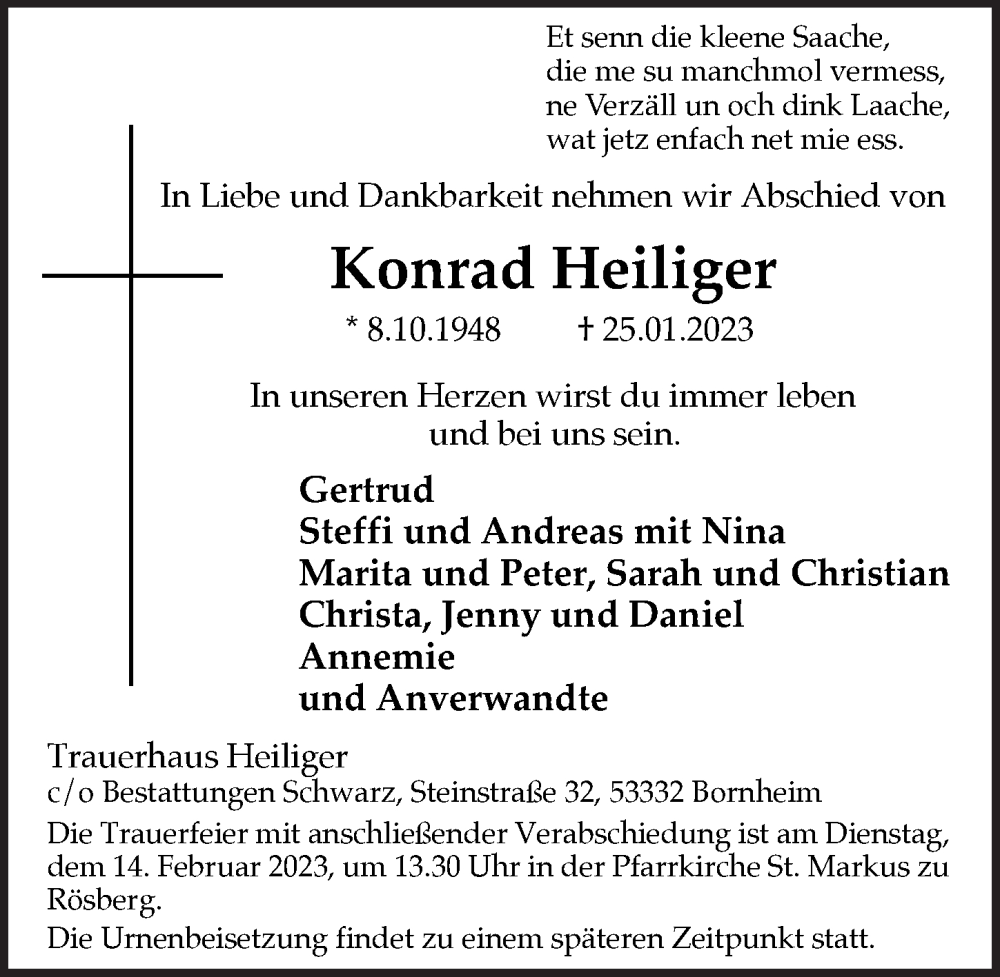  Traueranzeige für Konrad Heiliger vom 03.02.2023 aus  Schaufenster/Blickpunkt 