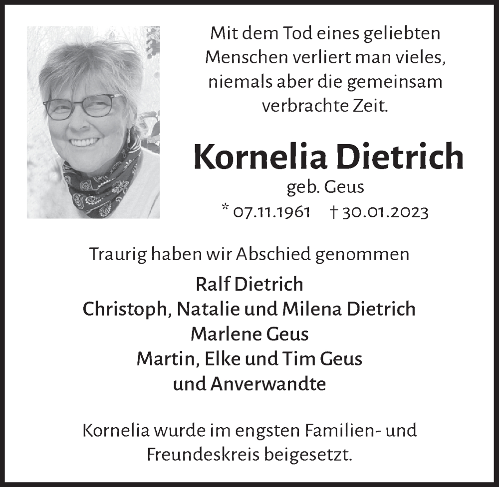  Traueranzeige für Kornelia Dietrich vom 10.02.2023 aus  Bergisches Handelsblatt 