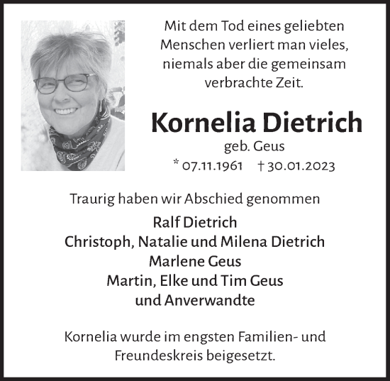 Anzeige von Kornelia Dietrich von  Bergisches Handelsblatt 