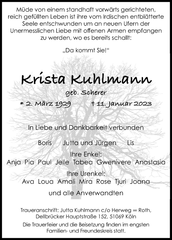 Anzeige von Krista Kuhlmann von Kölner Stadt-Anzeiger / Kölnische Rundschau / Express