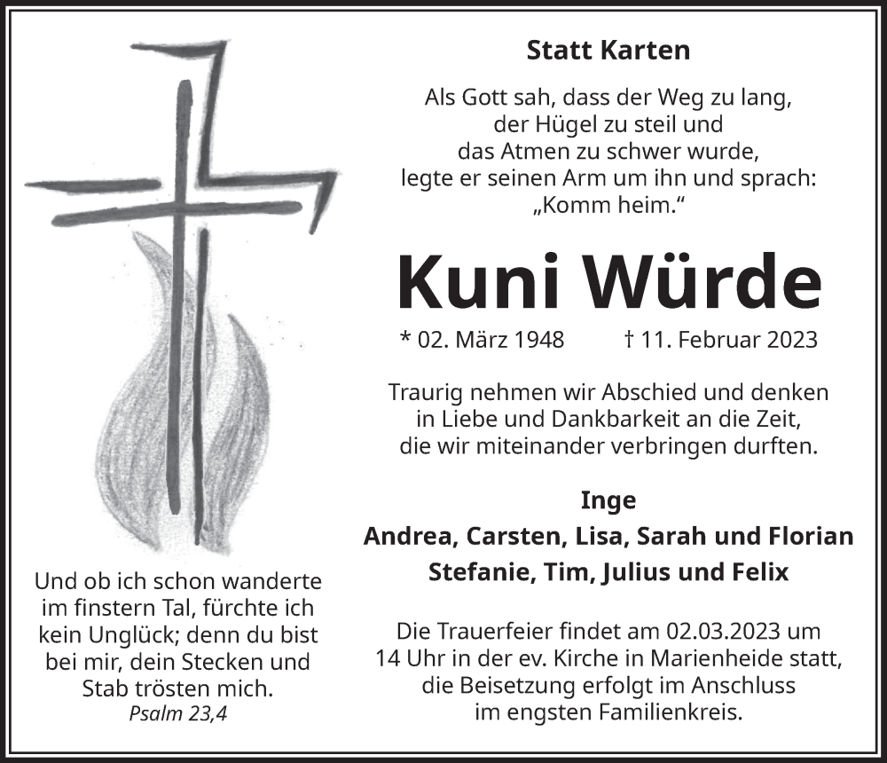  Traueranzeige für Kuni Würde vom 17.02.2023 aus  Anzeigen Echo 