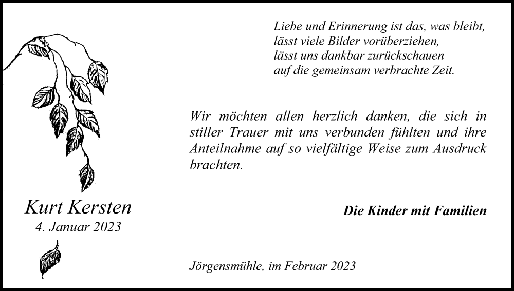  Traueranzeige für Kurt Kersten vom 18.02.2023 aus Kölner Stadt-Anzeiger / Kölnische Rundschau / Express