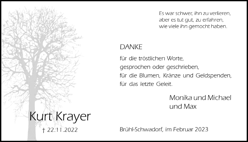  Traueranzeige für Kurt Krayer vom 03.02.2023 aus  Schlossbote/Werbekurier 