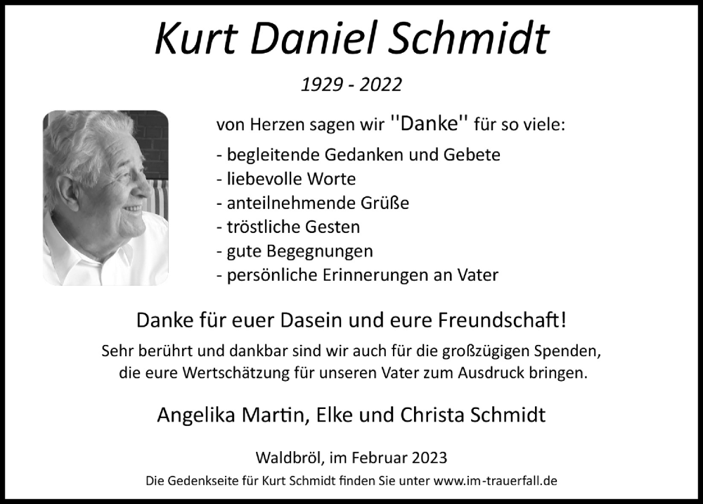  Traueranzeige für Kurt Daniel Schmidt vom 17.02.2023 aus  Lokalanzeiger 
