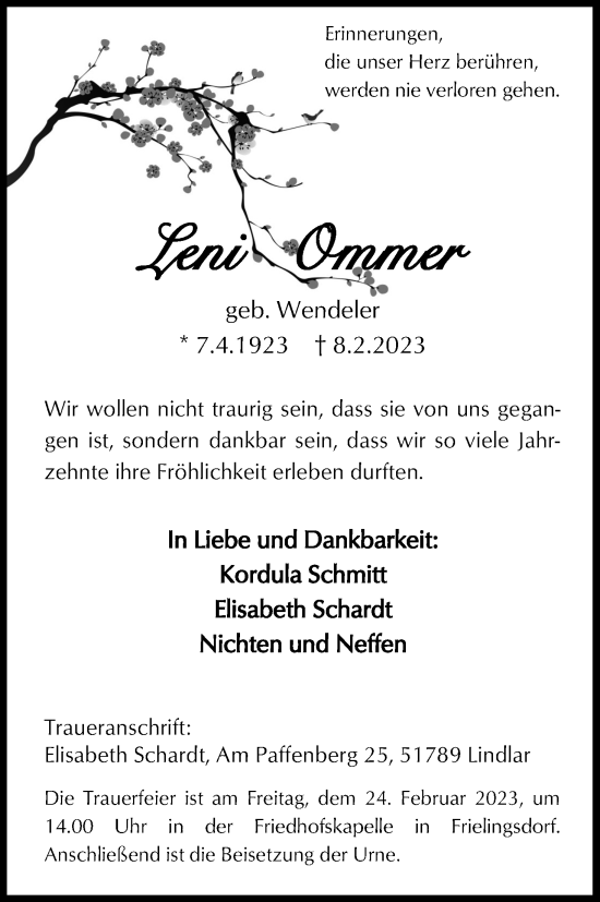 Anzeige von Leeni Ommer von Kölner Stadt-Anzeiger / Kölnische Rundschau / Express