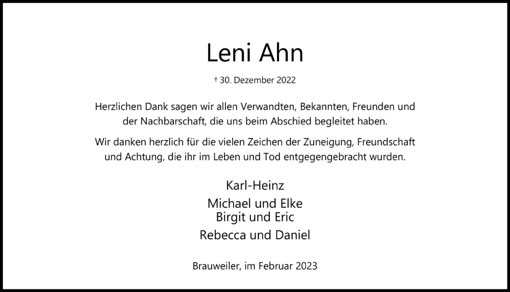  Traueranzeige für Leni Ahn vom 03.02.2023 aus  Wochenende 