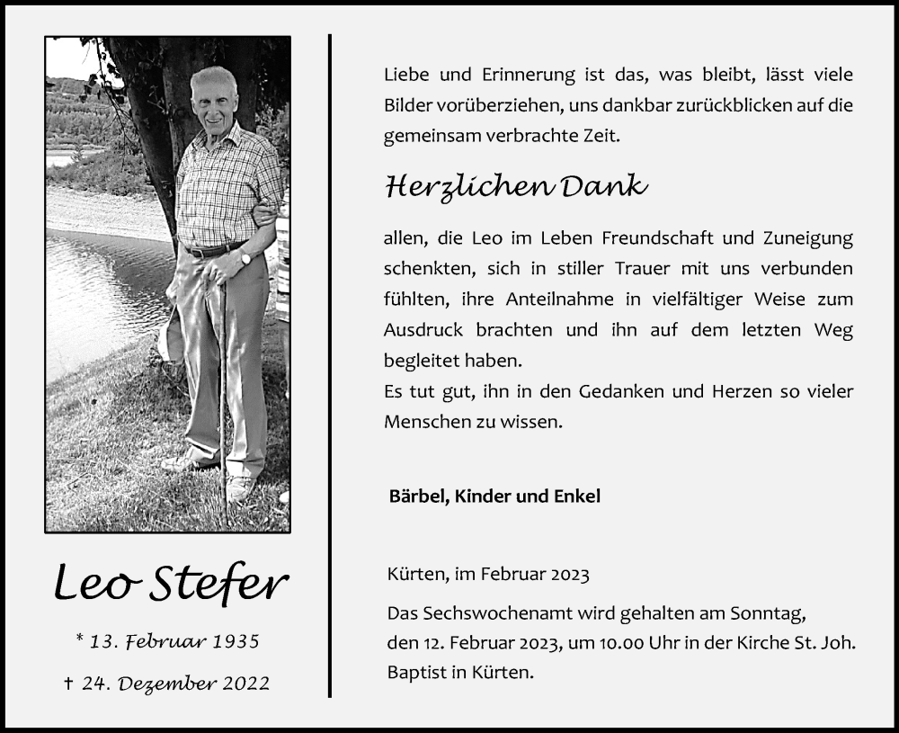  Traueranzeige für Leo Stefer vom 04.02.2023 aus Kölner Stadt-Anzeiger / Kölnische Rundschau / Express