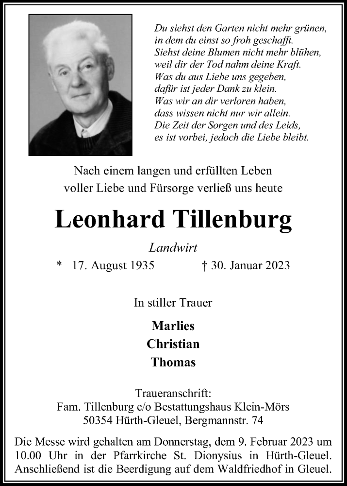  Traueranzeige für Leonhard Tillenburg vom 04.02.2023 aus Kölner Stadt-Anzeiger / Kölnische Rundschau / Express