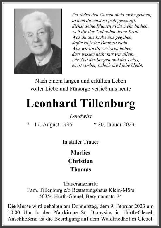 Anzeige von Leonhard Tillenburg von  Wochenende 