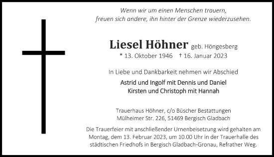 Anzeige von Liesel Höhner von  Bergisches Handelsblatt 