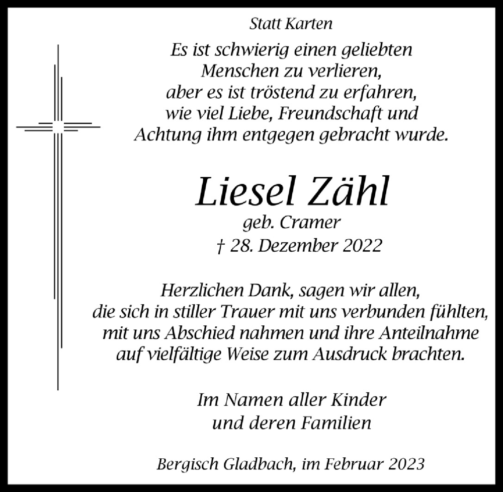  Traueranzeige für Liesel Zähl vom 10.02.2023 aus  Bergisches Handelsblatt 