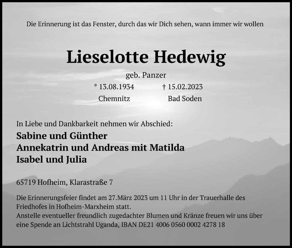  Traueranzeige für Lieselotte Hedewig vom 25.02.2023 aus Kölner Stadt-Anzeiger / Kölnische Rundschau / Express