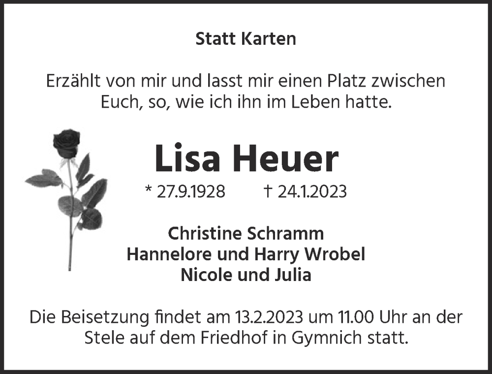  Traueranzeige für Lisa Heuer vom 10.02.2023 aus  Werbepost 