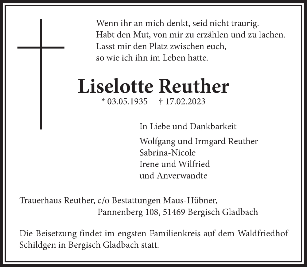  Traueranzeige für Liselotte Reuther vom 24.02.2023 aus  Bergisches Handelsblatt 